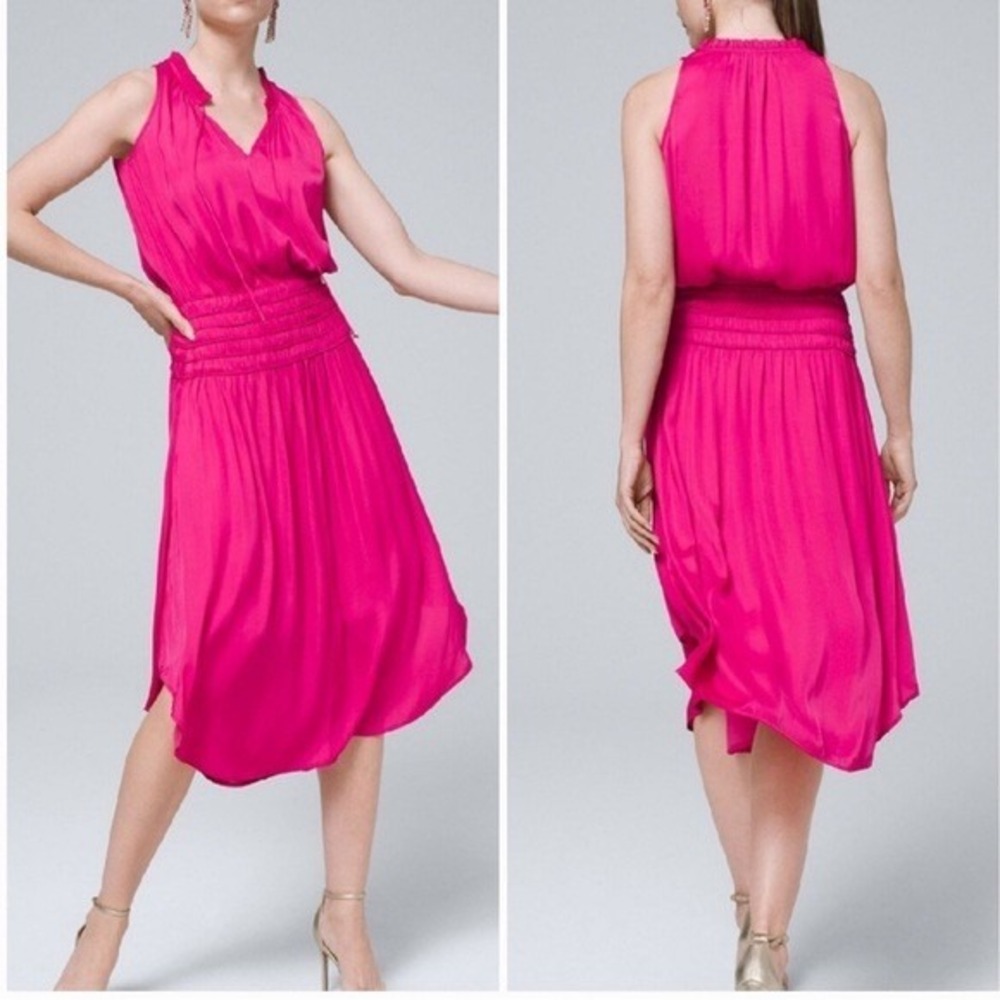 White House Black Market Magenta Pink Smocked Waist Ruffle Neck Midi Dress L